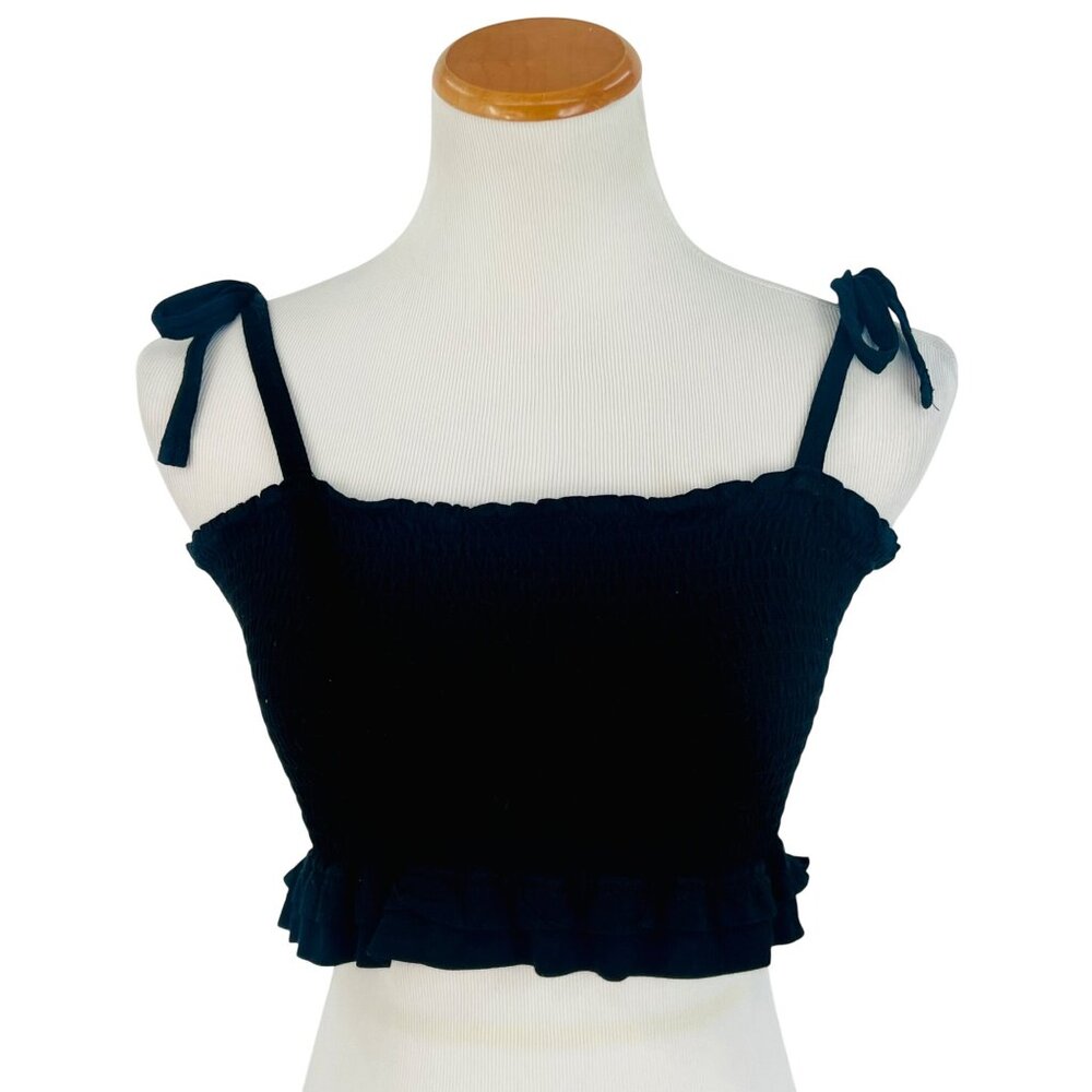Garage Black Smocked Tie Straps & Ruffled Hem Crop Top